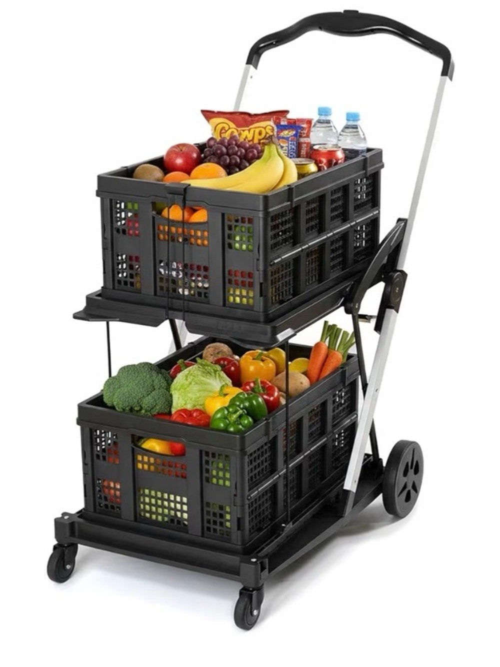 Collapsible Two-Tier Utility Cart with Stackable Crates - Black